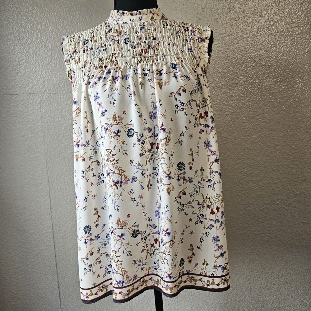 Max Studio Women’s Floral Smocked High Neck Blouse Size L Boho Cottagecore N653